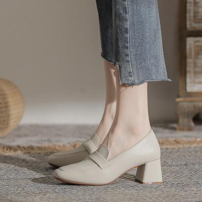 Thick Heel Single Shoes Women's Shallow Mouth Professional Commuting Work Shoes Casual Shopping Square Head Soft Leather Shoes