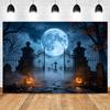 Halloween Full Moon Suburbs Cemetery Backdrop Scary Skull Castle Pumpkin Lantern Family Festival Party Decor Photo Background