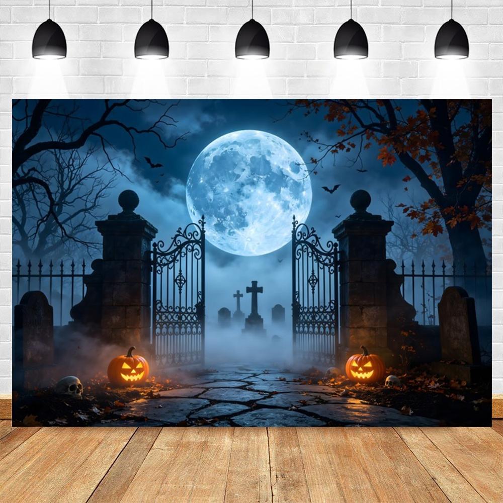 Halloween Full Moon Suburbs Cemetery Backdrop Scary Skull Castle Pumpkin Lantern Family Festival Party Decor Photo Background