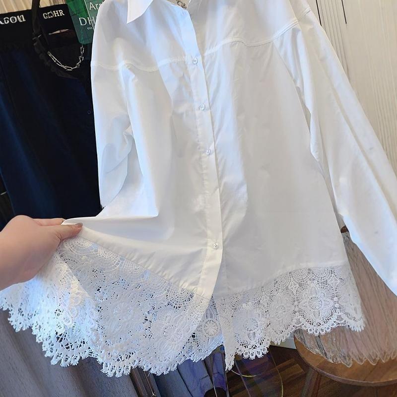 White Lace Patchwork Shirt Y2k Long Sleeve Loose for Women Lapel Neck Single Breasted Blusas Mujer