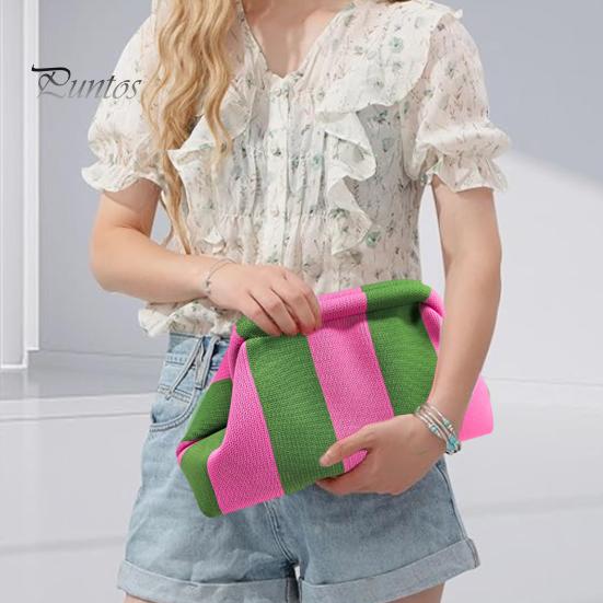 Summer Beach Clutch Women Handbag Colorblock Knitted Large Capacity Mouth Cosmetic Cellphone Color-blocked Keys Stoarge Pouch Lady Purse Compact