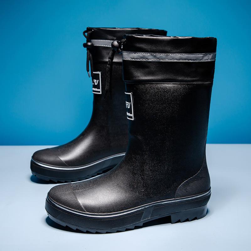 New Fashionable Men's Thickened Bottom Warm Waterproof Middle Tube Wear-resistant PVC Material Elastic Rain Shoes Outdoor Work