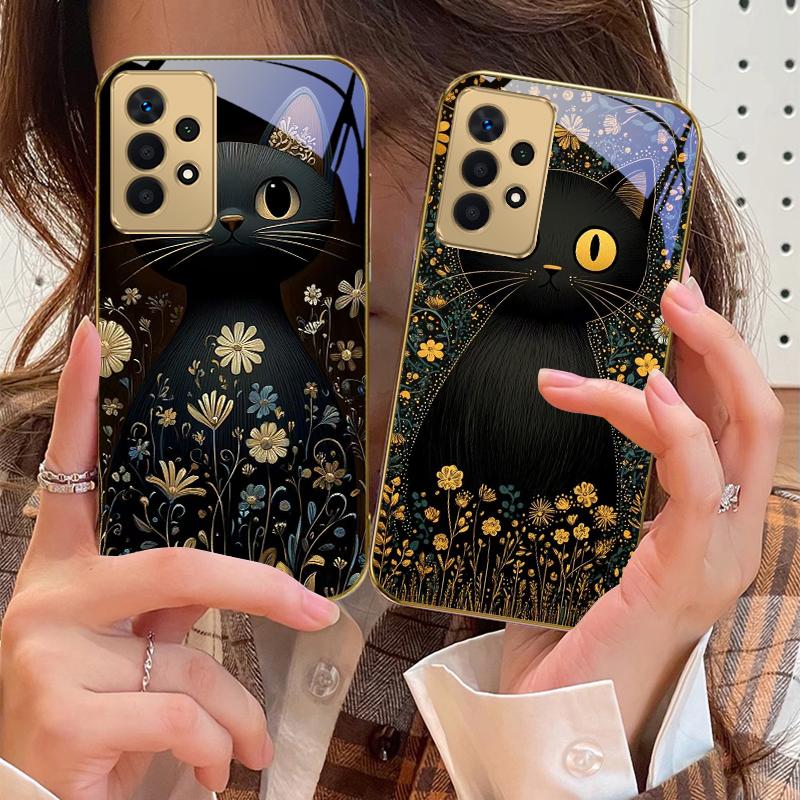 Runde und leuchtende Augen Für Samsung A 01 52S A04 A05S A10 A12 13 22 23 24 36 42 M02 Note 10 20Ultra 8 9 Goldene Glas-Handyhülle