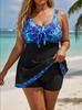 Plus Size European & American Two-Piece Swimsuit: Blue Leaf Print Tankini with Swim Skirt & Patchwork Briefs