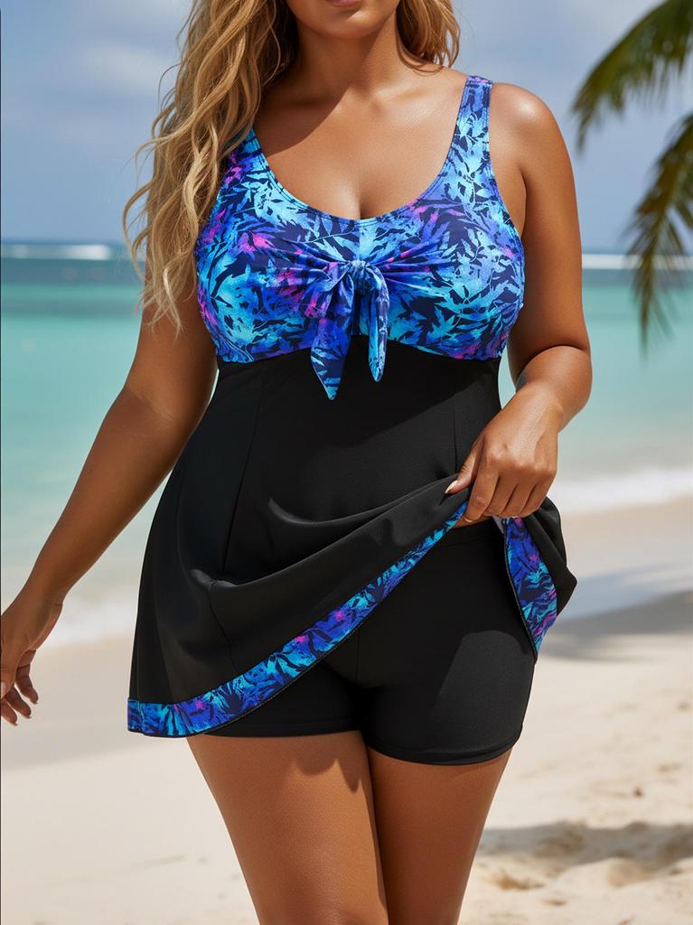 Plus Size European & American Two-Piece Swimsuit: Blue Leaf Print Tankini with Swim Skirt & Patchwork Briefs