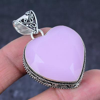 Natural Pink Chalcedony Gemstone Handmade 925 Sterling Silver Pendant 1.89" L1Q16