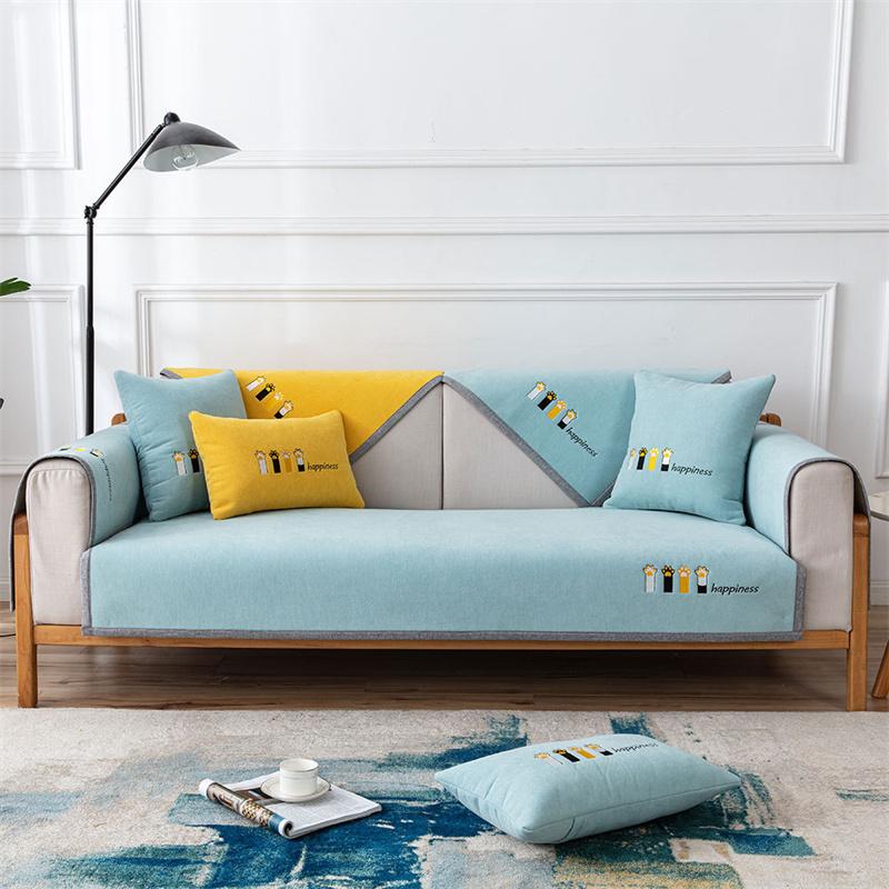 Nordic Cute Cat Print Chenille Sofa Mat Non-slip Sofa Towel Couch Cushion Cover Four Seasons Universal Simple Couch Slipcovers