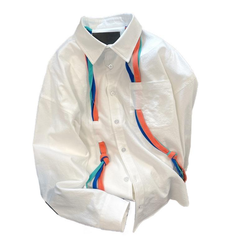 Fargerike skjorter med bånd for kvinner Langermet enkeltspent revers Damebluser Vintage løse dame Lommetopper