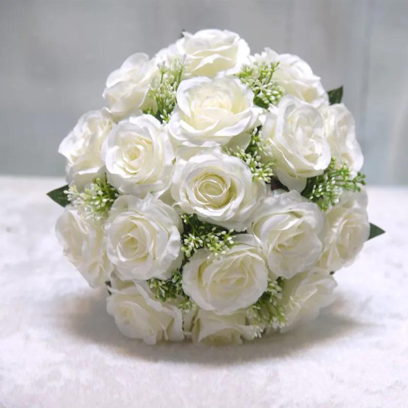 White Bridal Bouquet Silk Flowers Roses With Yarn Bridesmaid Wedding Bouquet Simulation Flower Artificial Wedding Accessories