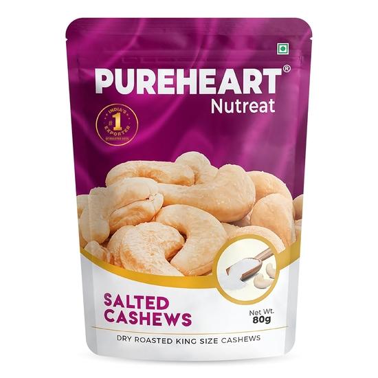 Pureheart Nutreat Roasted Salted Cashews (80 gm), Flavourful| Premium Salted Whole Cashew Nuts/Kaju Dry Fruit | Rich in Protein & Fiber 80GM