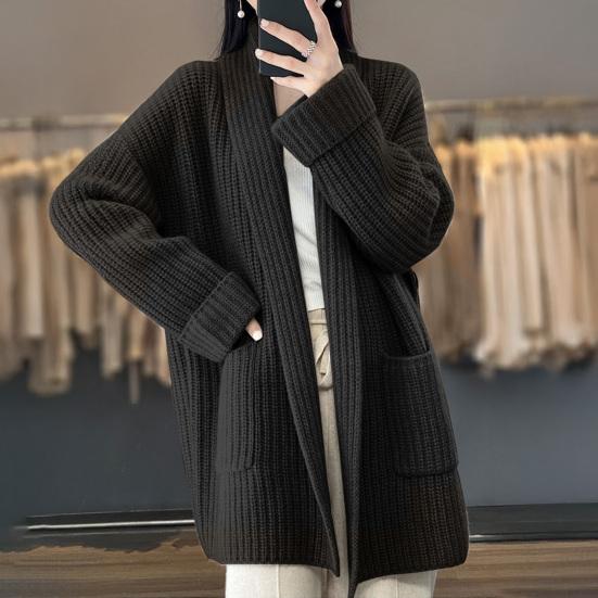 Sweater Coat Lapel Long Sleeve Open Front Knitting Sweater Coat with Pockets Solid Color Mid-length Casual