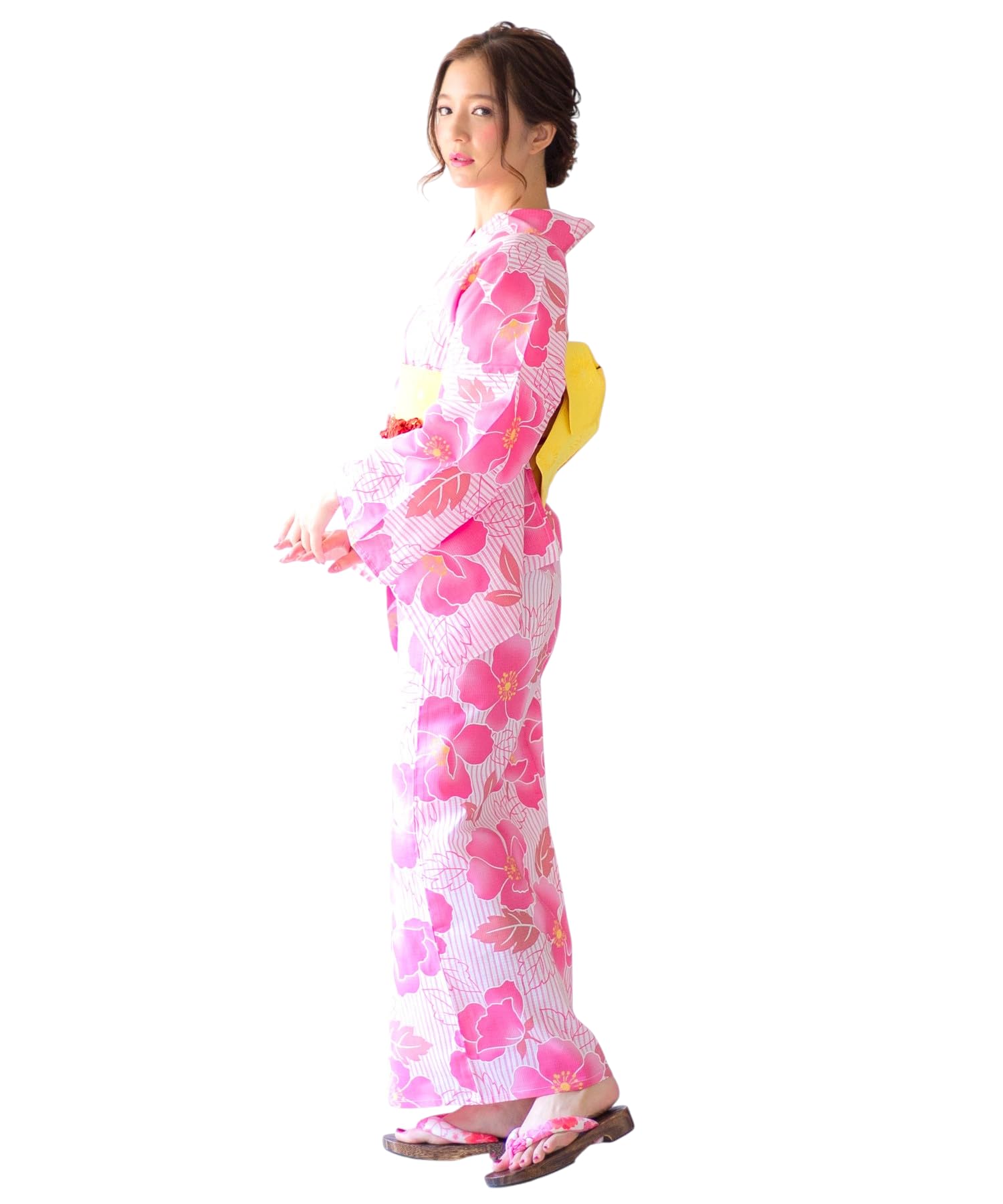 Dita Women s Yukata Set (5 pieces) with Pre-tied Obi, Pink and Yellow, Retro, Large Pattern, Pop, Bold, Camellia Design, Easy to Wear by One Person