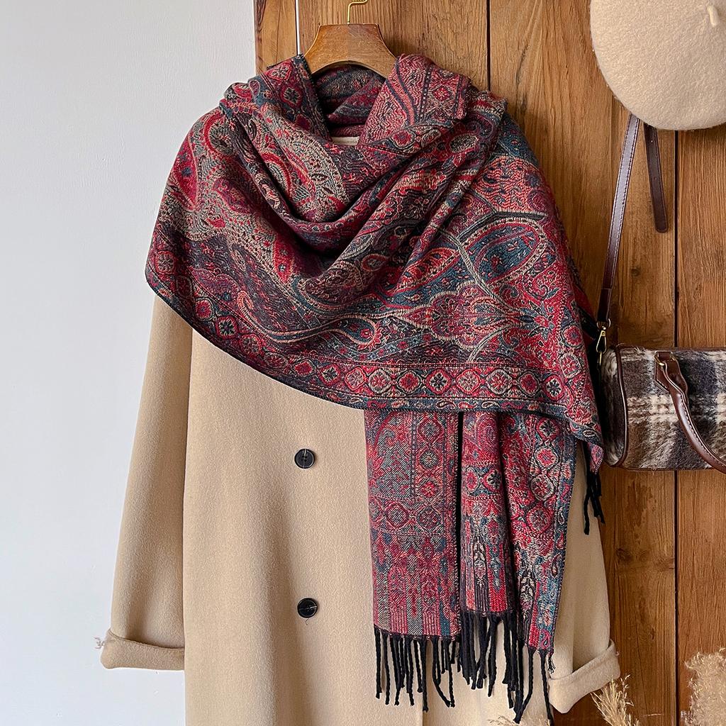 Fashion Winter Warm Cashmere Shawl - Women'S Vintage Floral Printed Tasseled Oil Painting Pashmina Thick Scarf & Echarpe