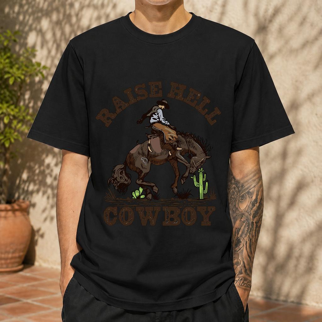 2026 New Pure Cotton Tshirt A Ruckus With The Cowboy Western Style Print Crew Neck Short Sleeve Casual Top