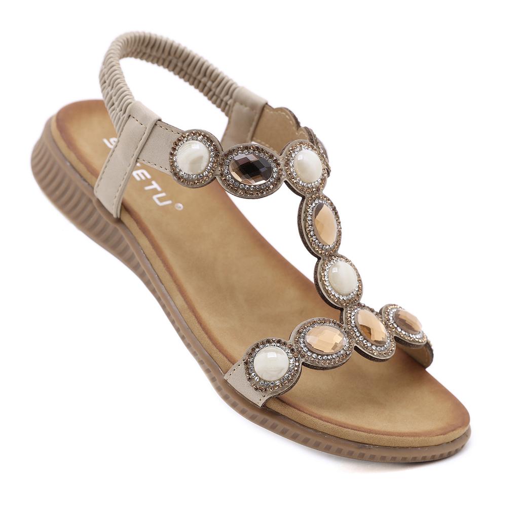 New Sandals Bohemian Rhinestones Comfortable Round Head Seaside Vacation Large Size Flats