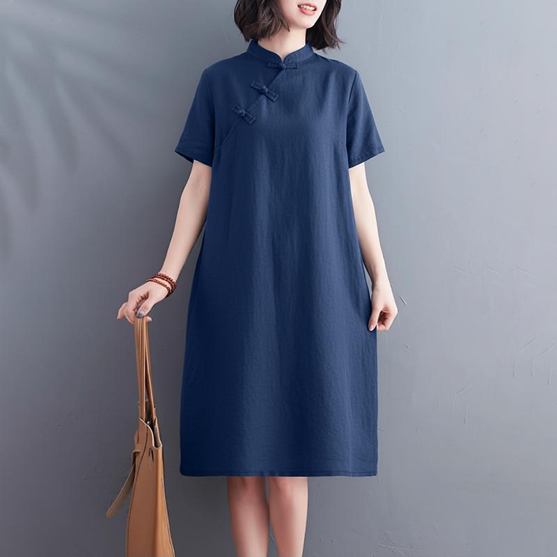 ZANZEA Women Casual Stand Collar Summer Short Sleeve Straight Dress S тёмно-синий