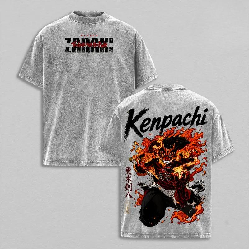 Vintage Washed T‑shirt Bleach Kenpachi Zaraki Bankai Front Back Print Unisex Anime Oversized Short Sleeve Tee