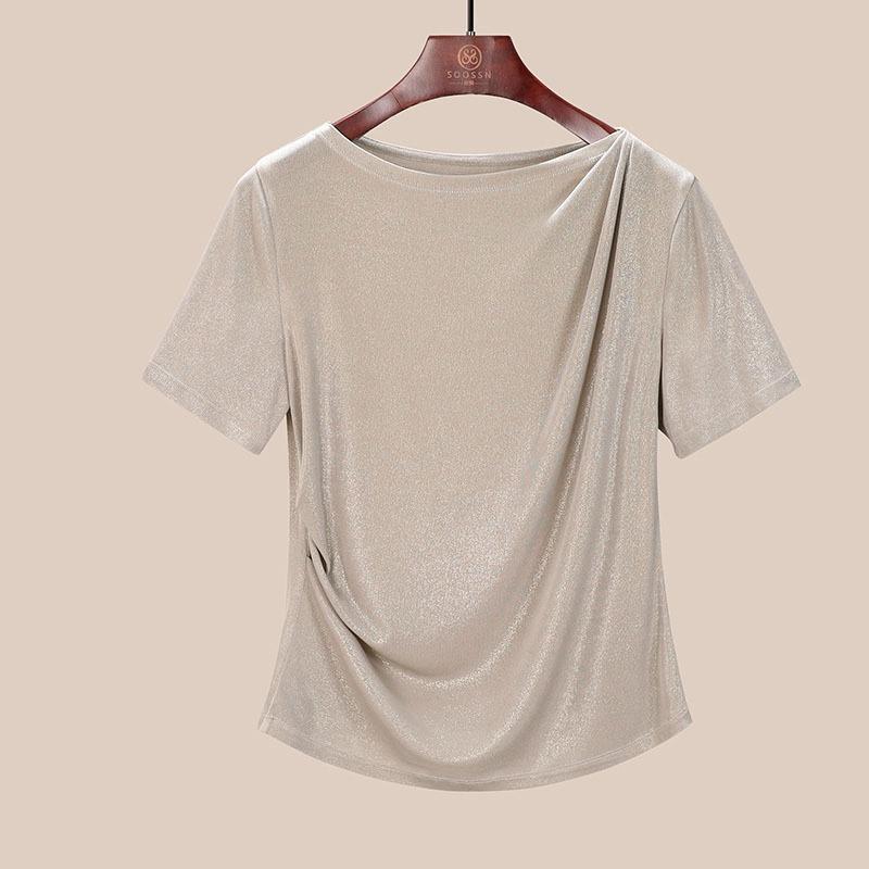 Dámské letní nové módní jednobarevné A-střihové rameno odhalující zeštíhlující univerzální top s krátkým rukávem