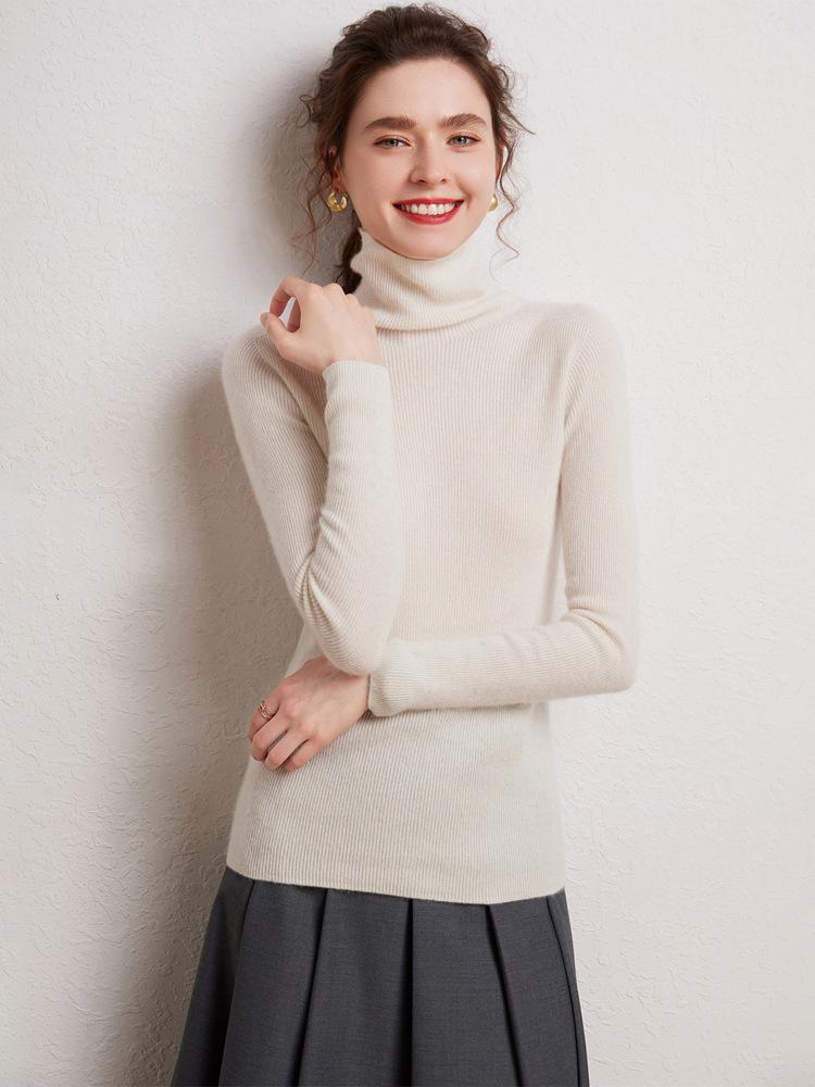 Women's 100% Pure Cashmere High Neck Seamless Turtleneck Sweater - Slim Fit Autumn Winter Knitwear