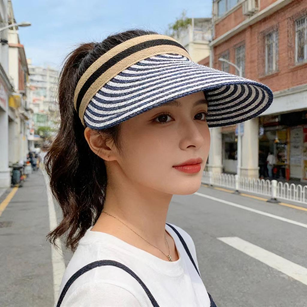 Women's Sun Visor Hat Outdoor Open-Top Straw Hat Woven Topless Two-Color Baseball Cap Summer Sunscreen Sunshade Beach Hat