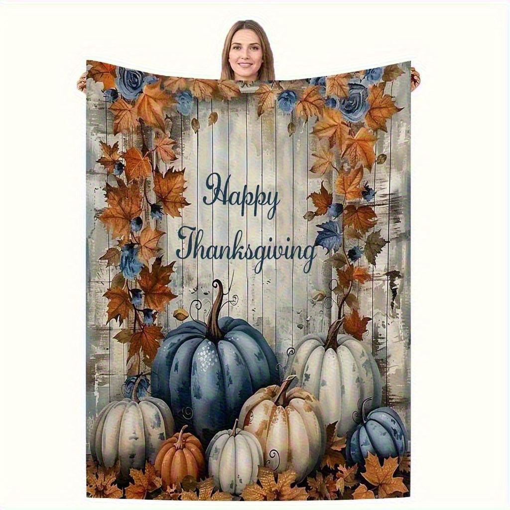 Cozy Autumn Maple & Pumpkin Flannel Fleece Blanket - Heavyweight Soft Warm Throw with Happy Thanksgiving Text, Rustic Far