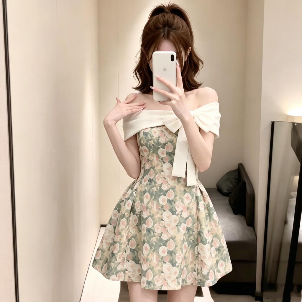 French retro romantic dress sweet shoulder small man waist floral holiday style beautiful short skirt