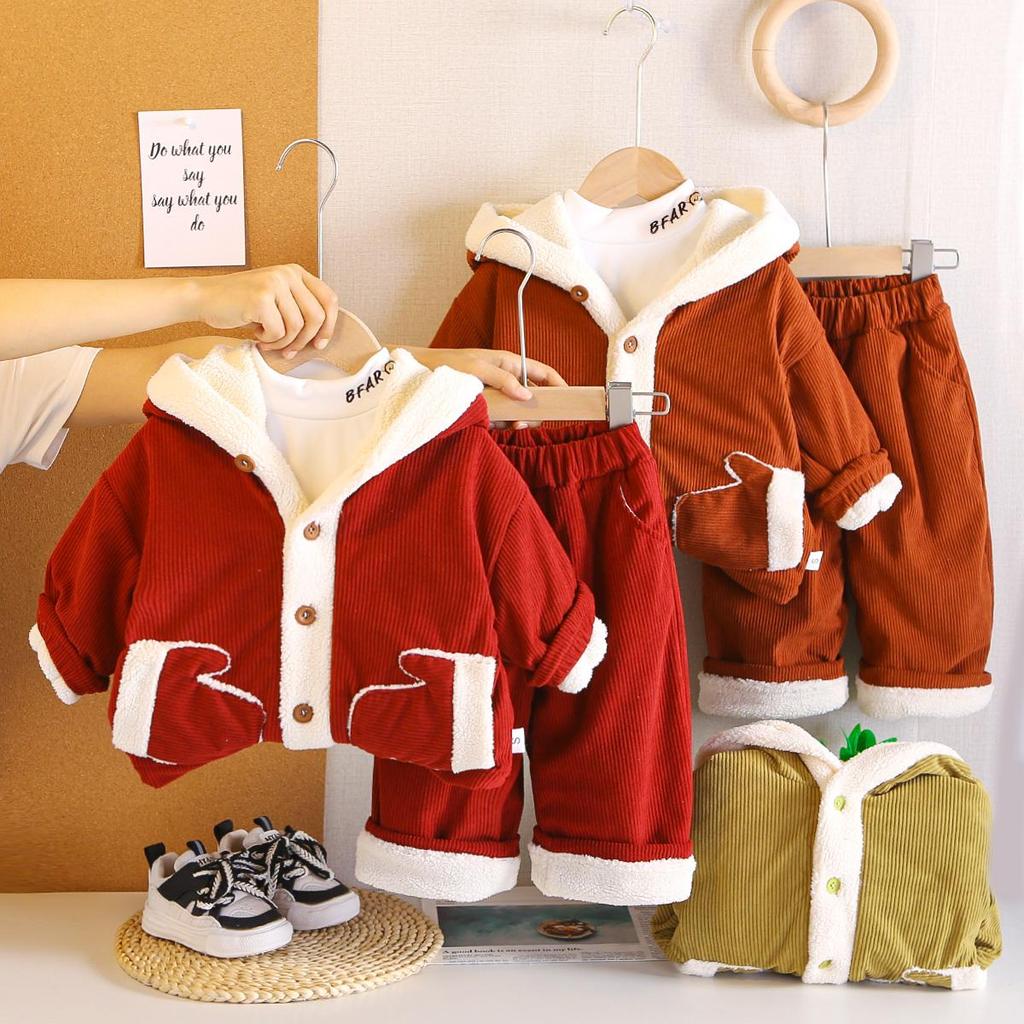 Boys' long sleeved 3-piece set, Children's plush thick cotton suit set, Cute clothes for boys aged 0-5
