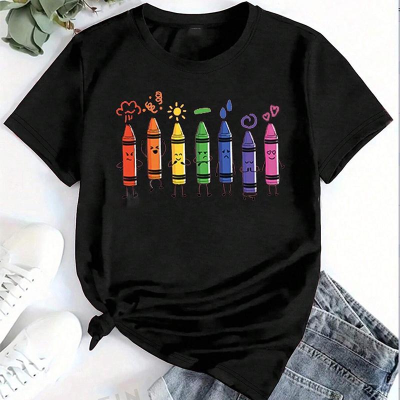 Mode Frauen süße Cartoon Crayon Print T Shirt lustige lässig O-Ausschnitt kurze Ärmel T-shirt Sommer weibliche T-Shirt