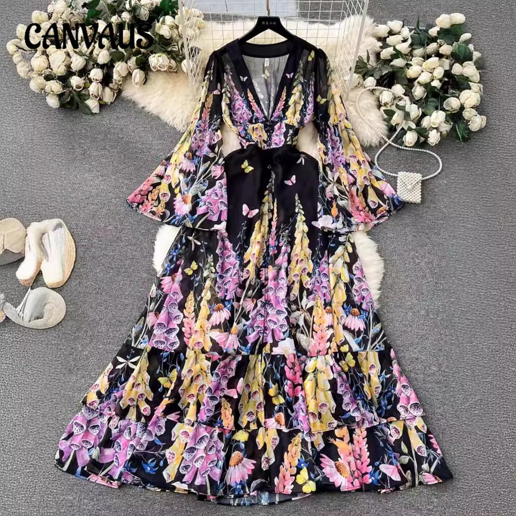 Spring and Autumn French Court Style Temperament French Mesh Dress Women's Swing A-line Printed Long Dress
