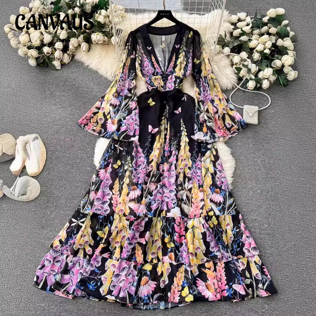 

Spring and Autumn French Court Style Temperament French Mesh Dress Women s Swing A-line Printed Long Dress 2XL чорний