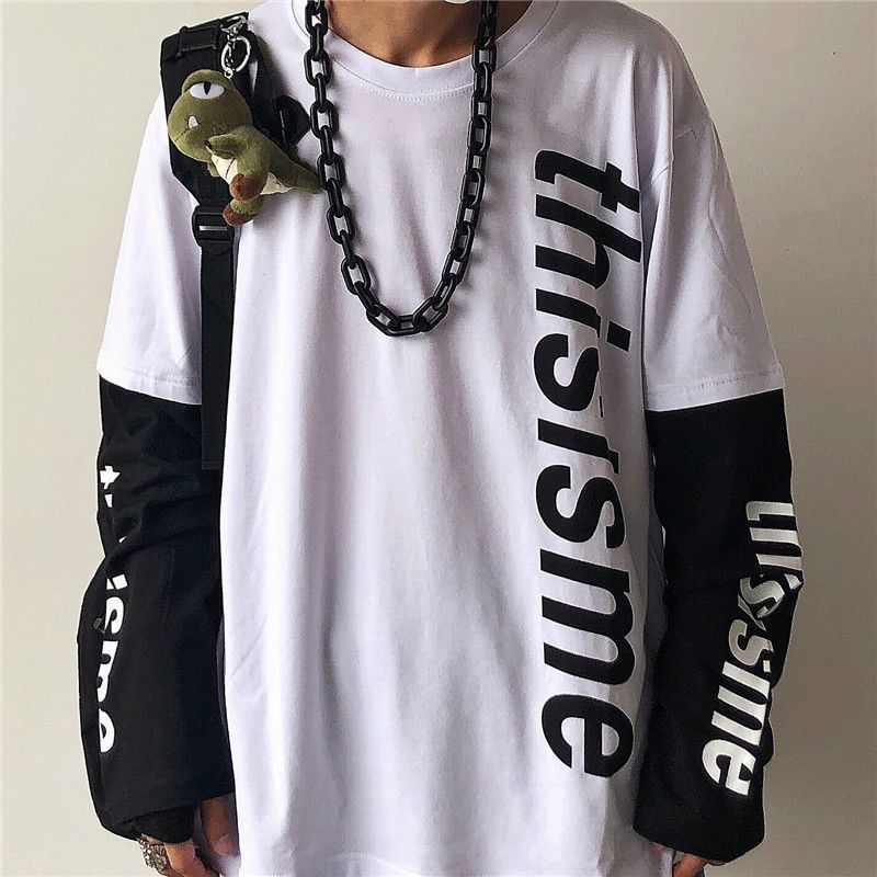 Fake Two-piece Original Diablo Anime Letter Printed Top Spring and Autumn Loose Hip-hop All-match Men's Long-sleeved T-shirt