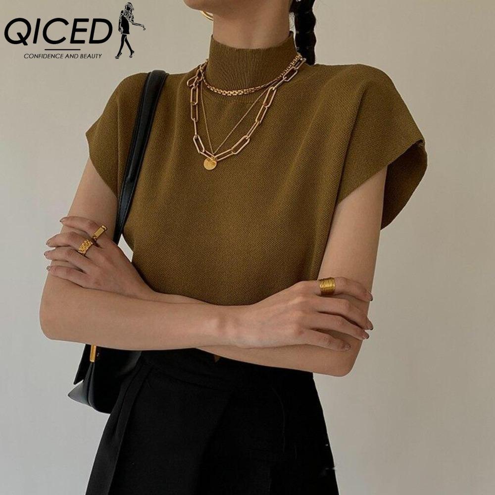QICED Women's Fashion Casual Solid Color Print Short Sleeve Blouses & Shirts