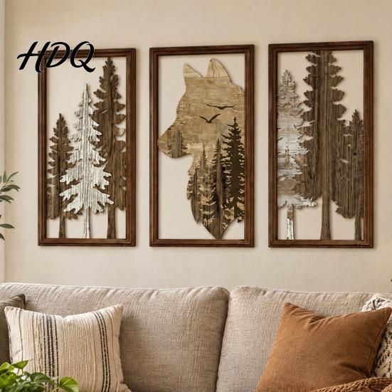 Vintage Style Wood Sculpture 3Pcs Wooden Forest Wolf Wall Decorations Decorative Hanging Ornaments Rustic Hollow Carved Pine Head Decor Tree Art for