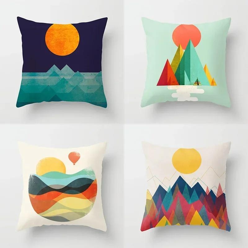 Colorful Geometric Landscape Pillowcase Sun and Moon Mountain Pattern Cushion Modern Art Style Sofa Decoration Pillow