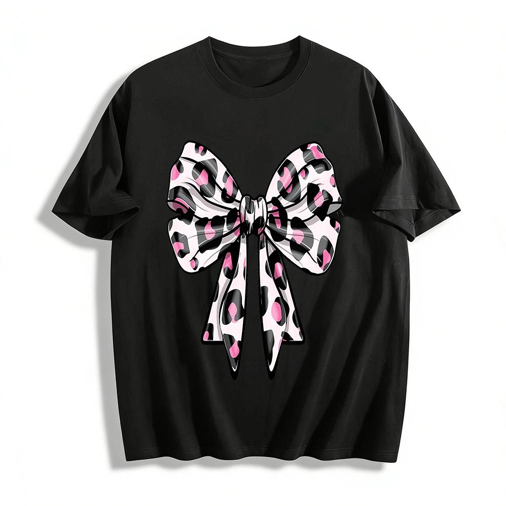 

Pink Black Leopard Print Bow Casual Loose Versatile Top Pure cotton T-shirt 6XL