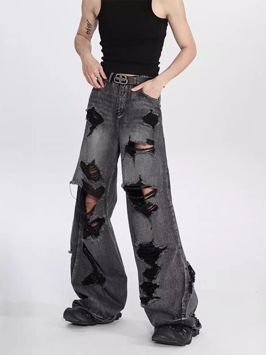 

Unisex Ripped Beggar Jeans: High Street Hip-Hop Trend Pants XL чёрный