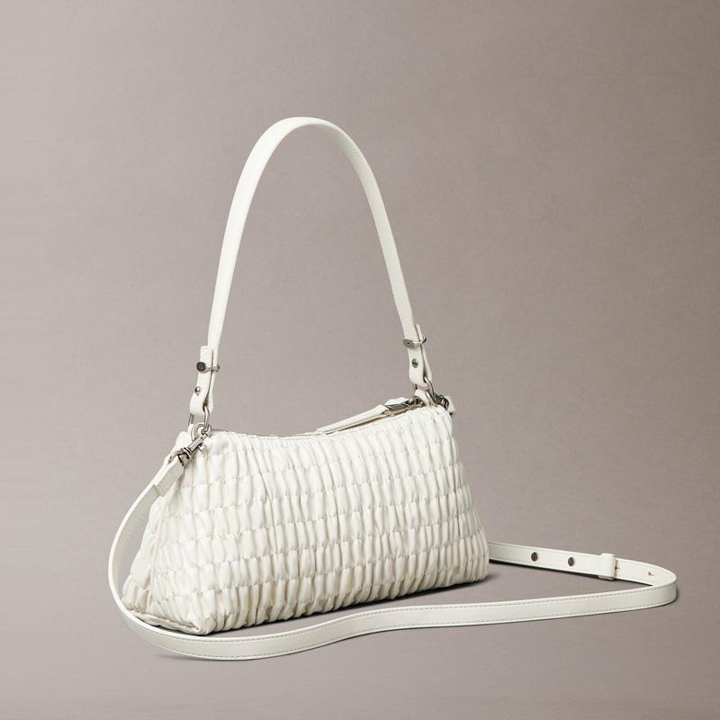 Calvin Klein Elegant Niche Design Pleated Armpit Bag Mixed Material Shoulder Bag Medium Size Women's Milk White