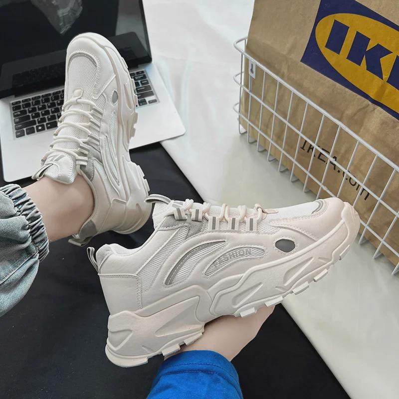 Men's White Chunky Sports Shoes - Autumn 2024 Casual Running Sneakers for Junior High Students