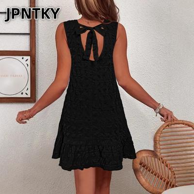 JPNTKY Fashion Summer Spring Solid Color Print Sleeveless O-Neck Casual Dresses