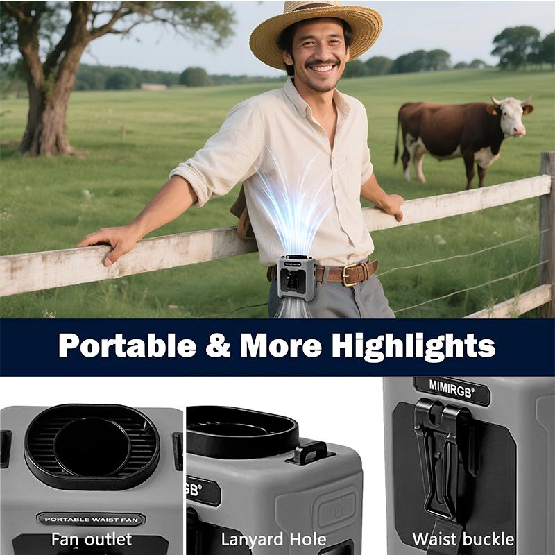 Portable Waist Fan Clip On,10000mAh Rechargeable Wearable Shirt Fan with Light,5 Speeds Belt Fans Cooling Fans for Outdoor