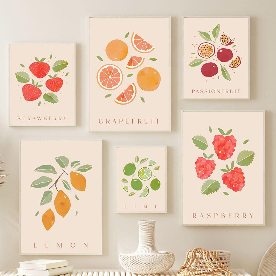 Grapefruit Raspberry Cherry Banana Lemon Posters And Prints Canvas Painting Nordic Wall Art Pictures For Kitchen Room Decor