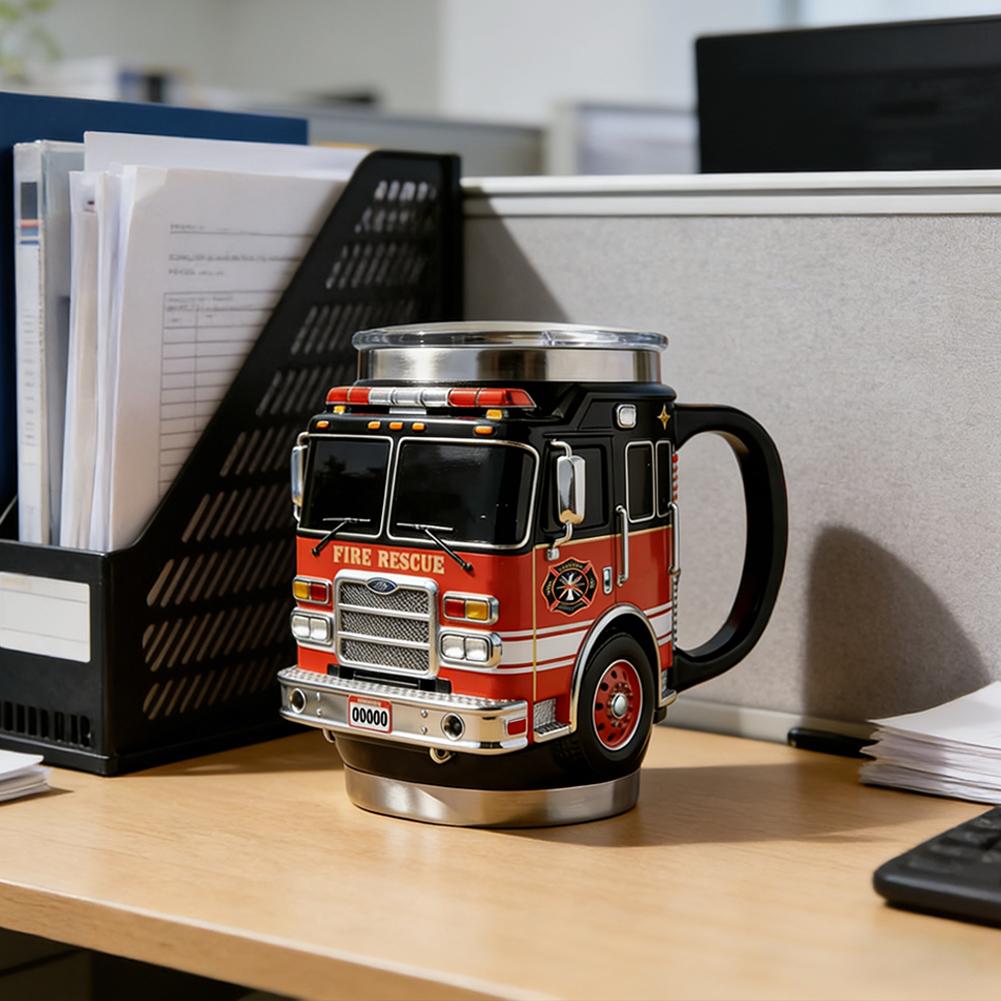 Fire Rescue 3D Fire Truck Mug Double Wall Stainless Steel Insulated Tumbler Vacuum Flask For Firefighters Station Work Gifts