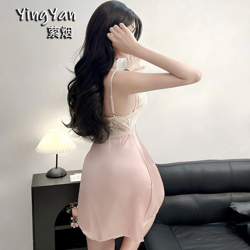 Sexy and beautiful satin splicing lace nightdress pure desire deep V backless home pajama set