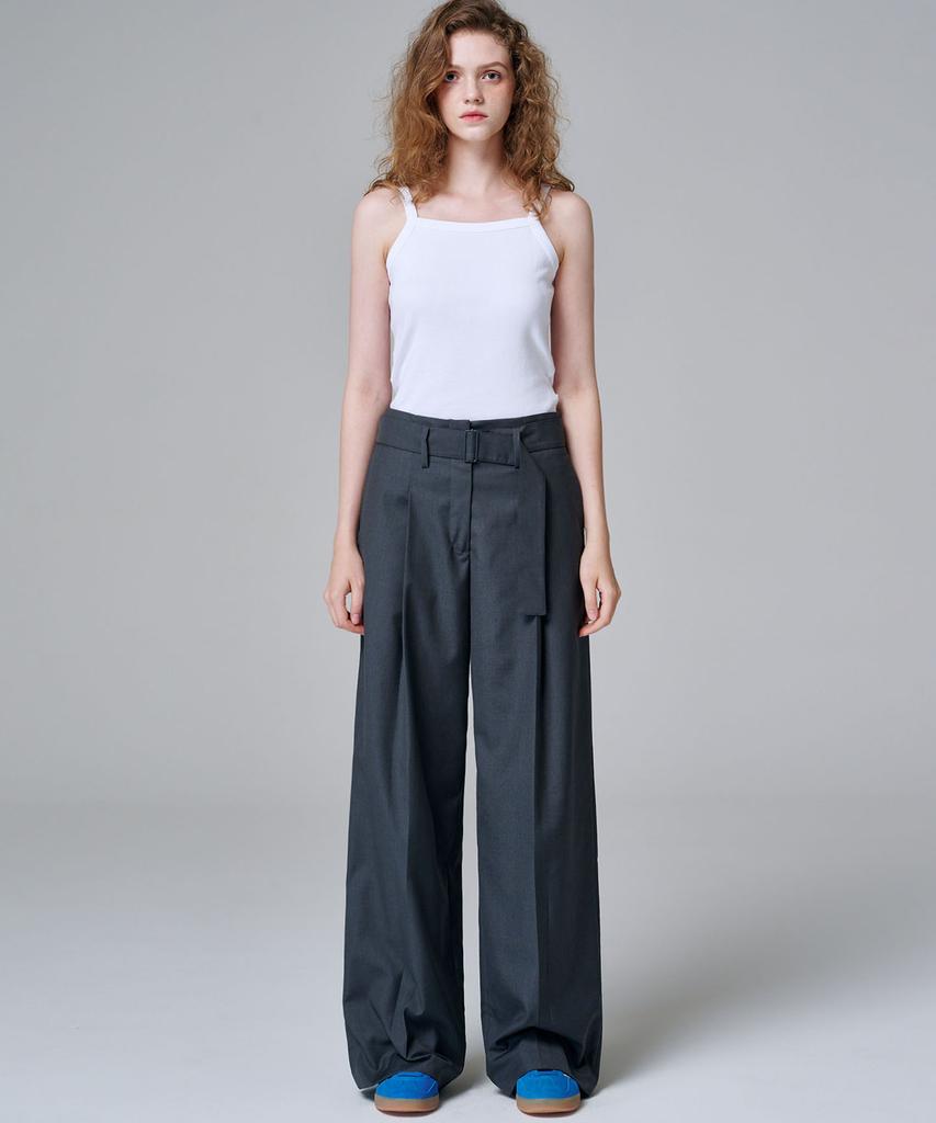 MALOUPE 2155 Single-Pleat Belted Wide Pants (Dark Gray)