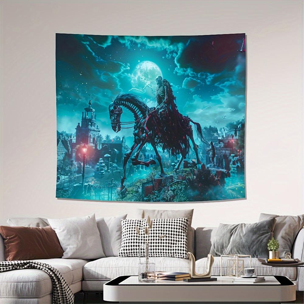 Skeleton Rider and Horse Tapestry 2D Digital Print Polyester Wall Hanging Living Room Bedroom Office Decor with Hooks