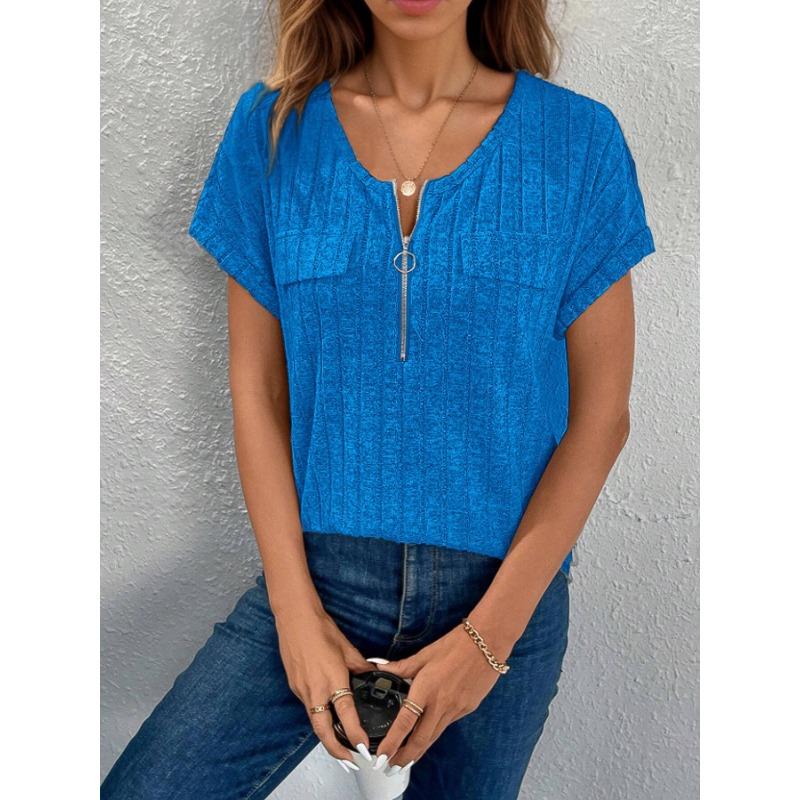 Women's Spring and Summer Zipper Short Sleeve Fake Pocket Pullover T-shirt Loose Top