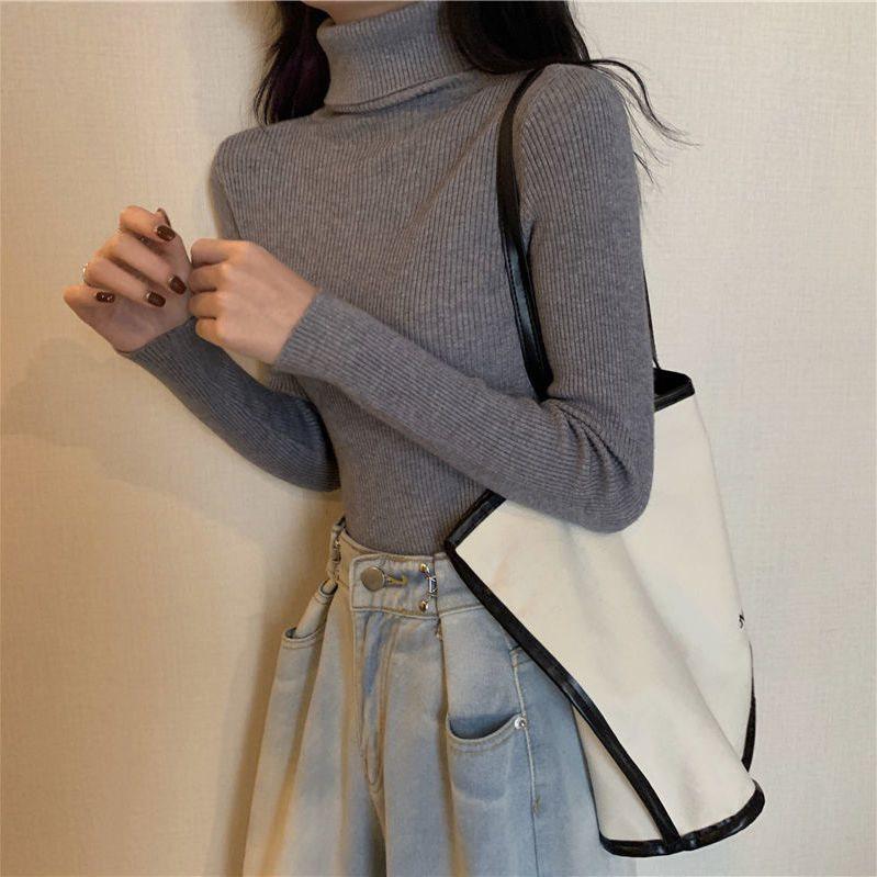 Women's Slim Fit Solid Turtleneck Sweater - Versatile Fashion Knit Pullover for Autumn & Winter