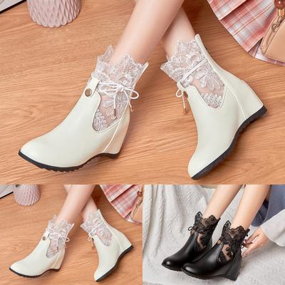Damen Einfarbige Leder Spitze Hohl Hohl Innenhöhe Mode Kurze Stiefel Wein Stiefel für Damen
