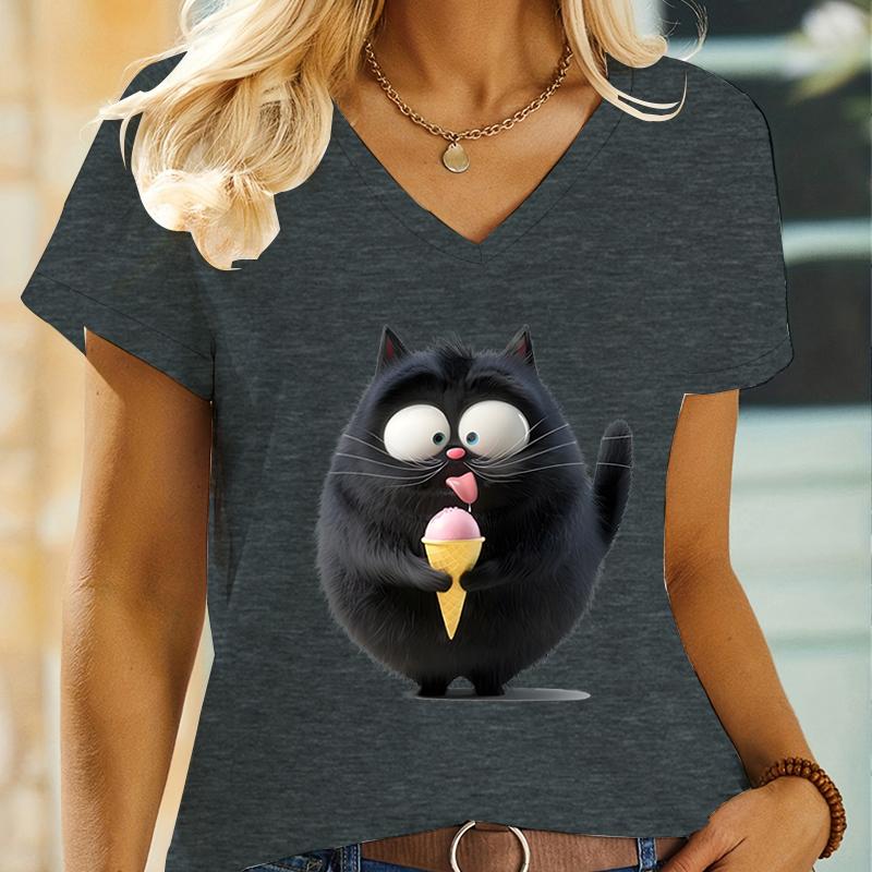 Women VNeck Tshirt Funny Comic The Black Cat Eating Ice Cream Print Fashion Y2K Tops Short Sleeve Cartoon Kitten Streetwear