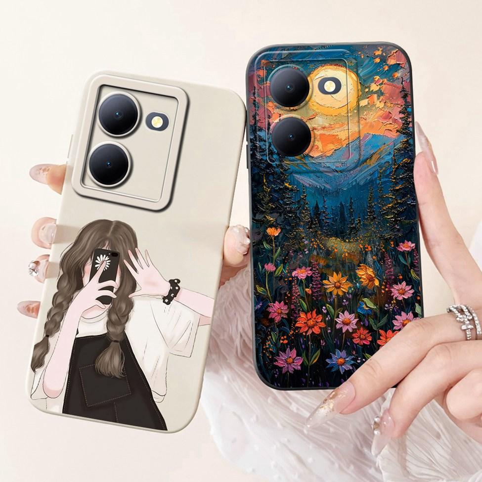 Für Vivo Y36 5G V2248 Hülle Für Vivo Y27 5G V2302 Abdeckung Silikon Luxus Mode Blumen Kawaii Süße Katze Lustige Handyhülle Stoßstange